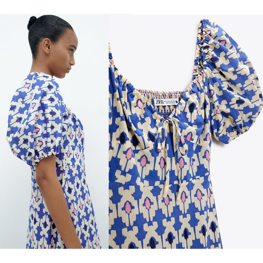 Zara Blue, White and Pink Floral Puff-Sleeve Midi Dress - Picture 2 of 3